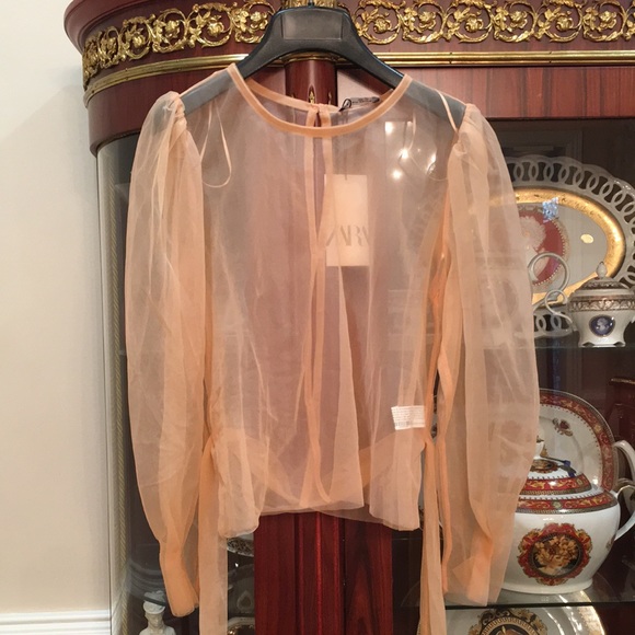 Zara See through puff sleeve nylon top with tie - Picture 2 of 9